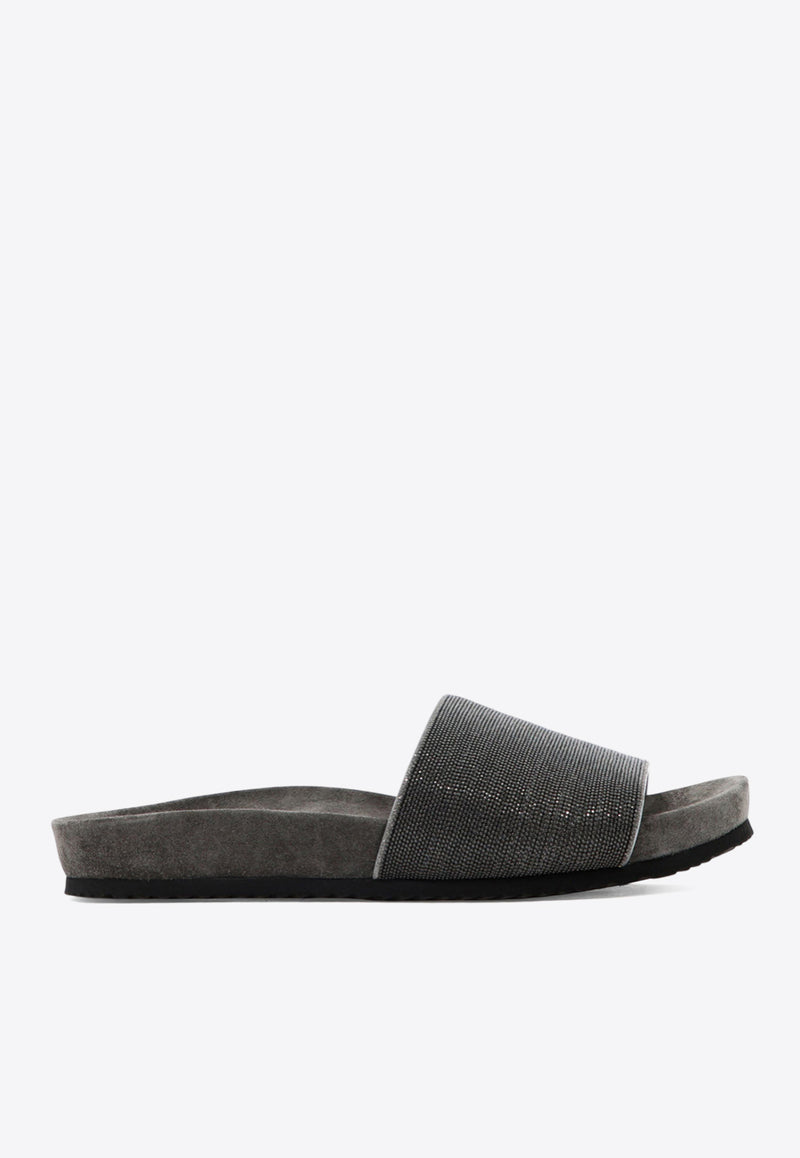 Brunello Cucinelli Monili Embellished Leather Slides Gray MZMIG1390CG546_80288