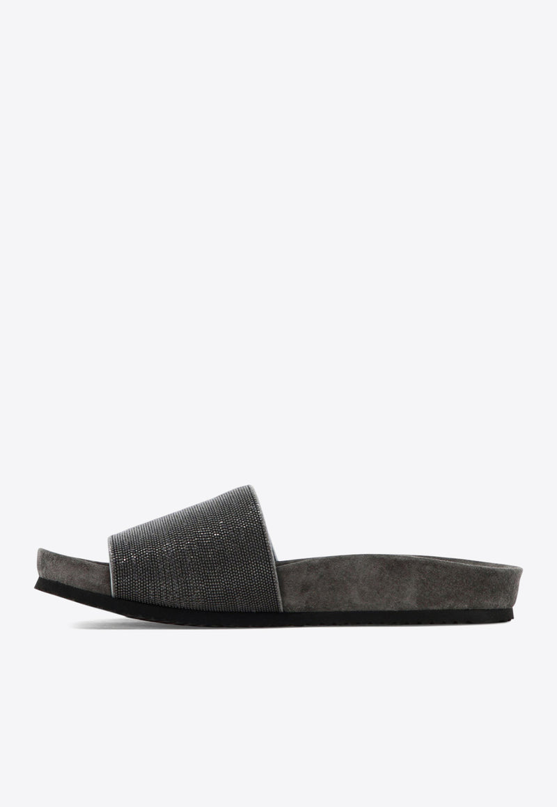Brunello Cucinelli Monili Embellished Leather Slides Gray MZMIG1390CG546_80288