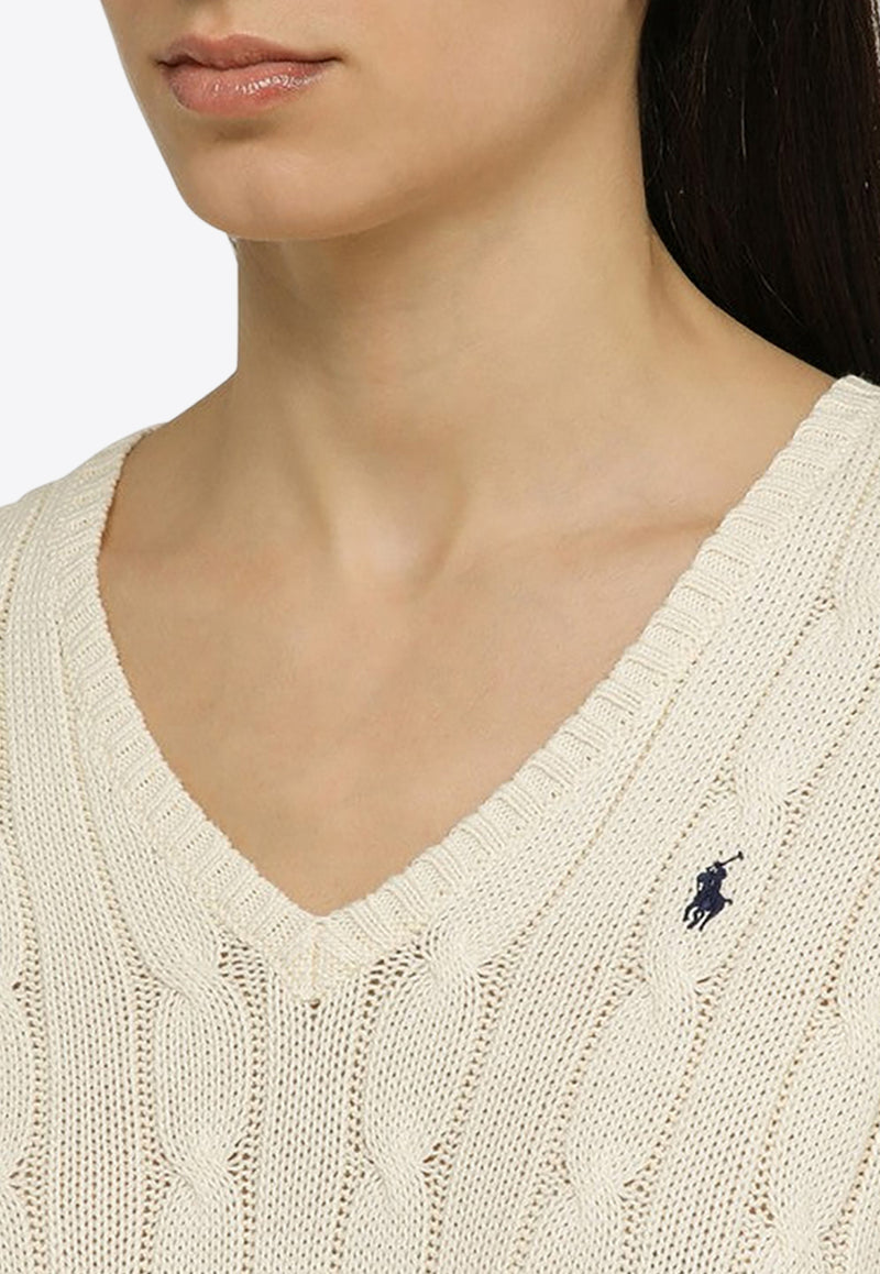 Polo Ralph Lauren Logo Embroidered V-neck Sweater Cream 211891641CO/O_POLOR-CR