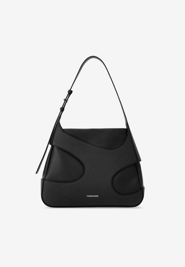 Salvatore Ferragamo Medium Leather Shoulder Bag with Cut-Outs Black