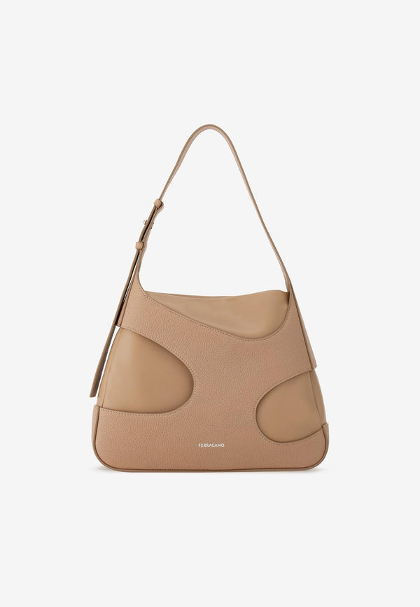 Salvatore Ferragamo Medium Leather Shoulder Bag with Cut-Outs Beige