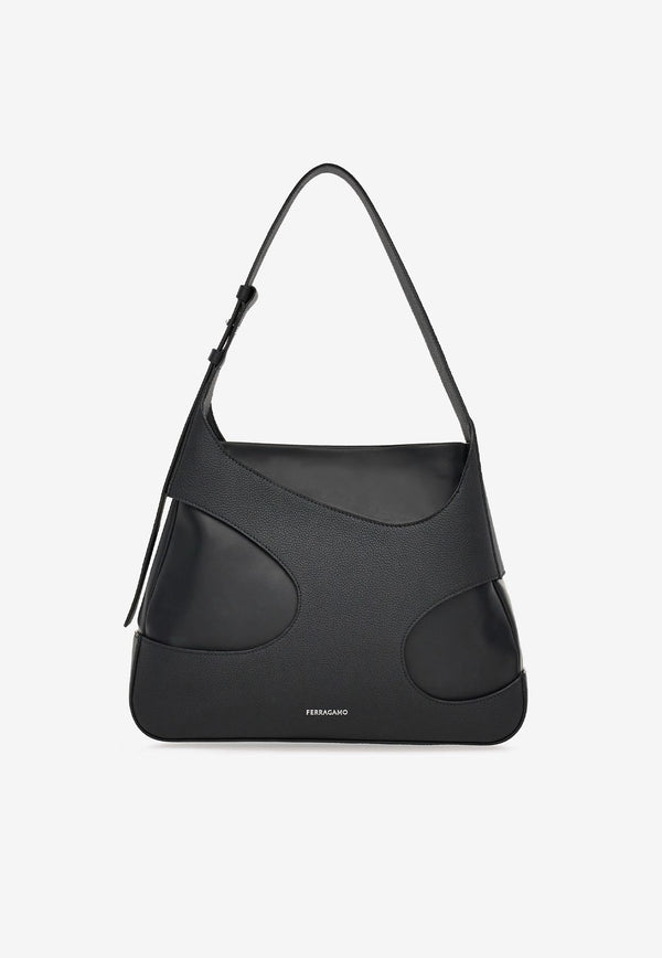 Salvatore Ferragamo Large Leather Shoulder Bag with Cut-Outs Black