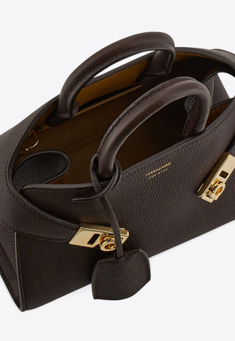 Ferragamo XS Hug Hammered Leather Top Handle Bag Brown 215975 HUG MINI 778490 TESTA DI M