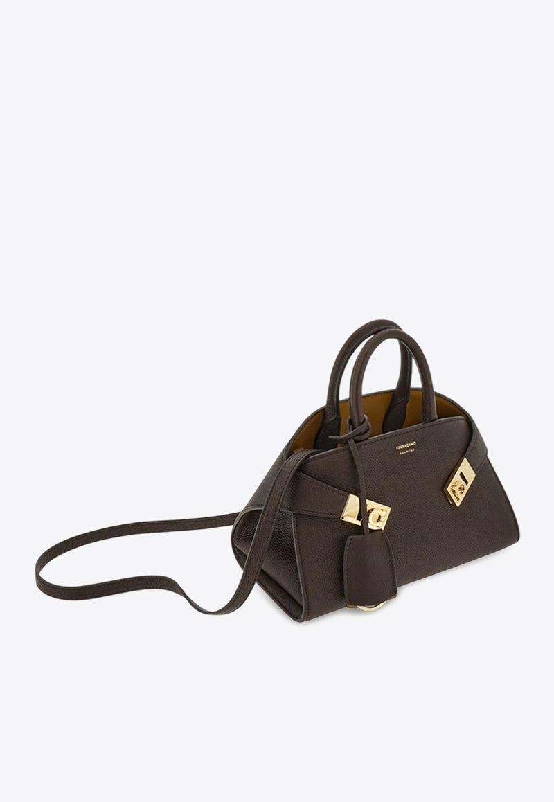 Ferragamo XS Hug Hammered Leather Top Handle Bag Brown 215975 HUG MINI 778490 TESTA DI M