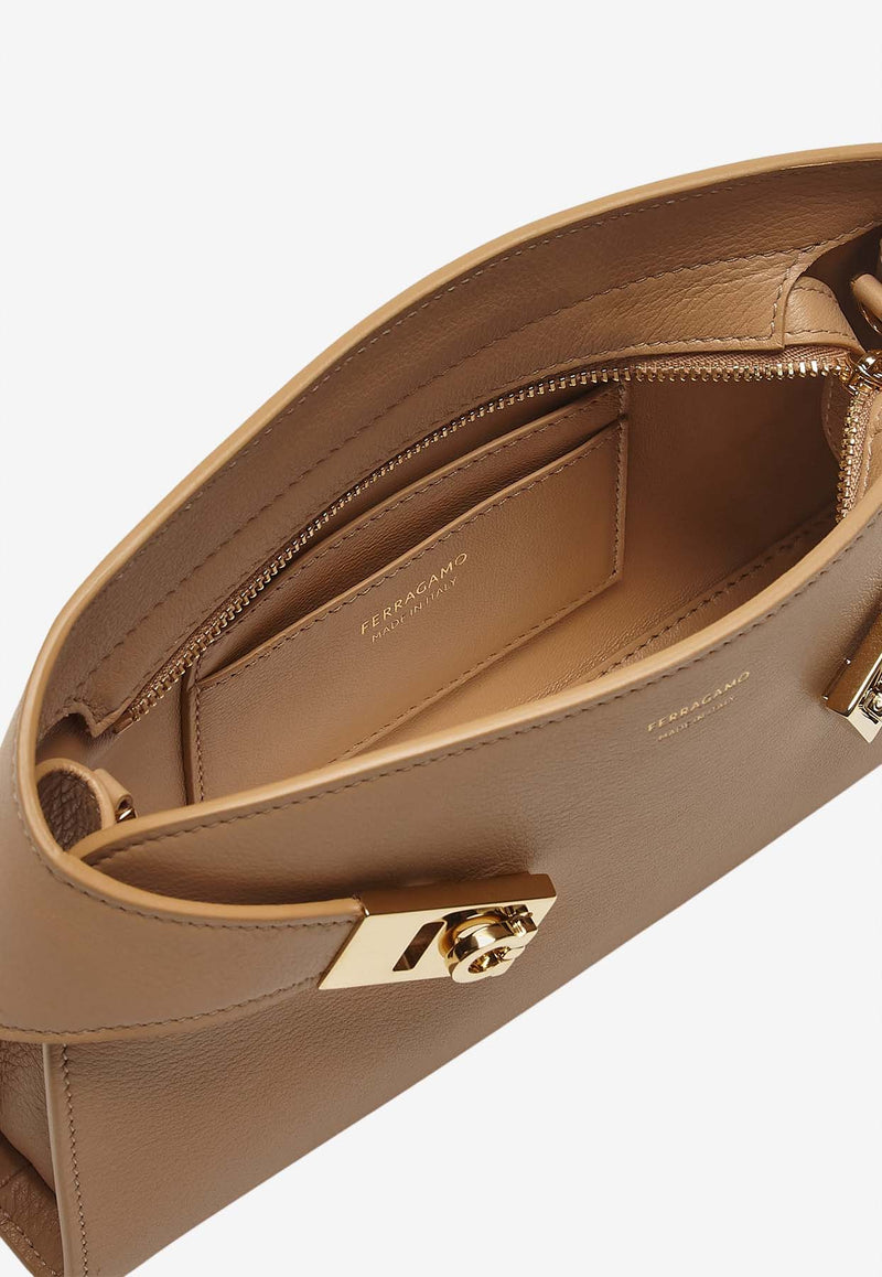 Salvatore Ferragamo Hug Calf Leather Crossbody Bag Camel 218964 HUG CB E/W 774623 LIGHT CAMEL