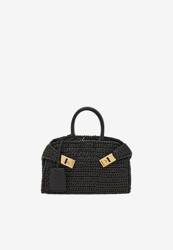 Salvatore Ferragamo Mini Hug Woven-Raffia Top Handle Bag Black 219397 HUG MINI 774168 NERO