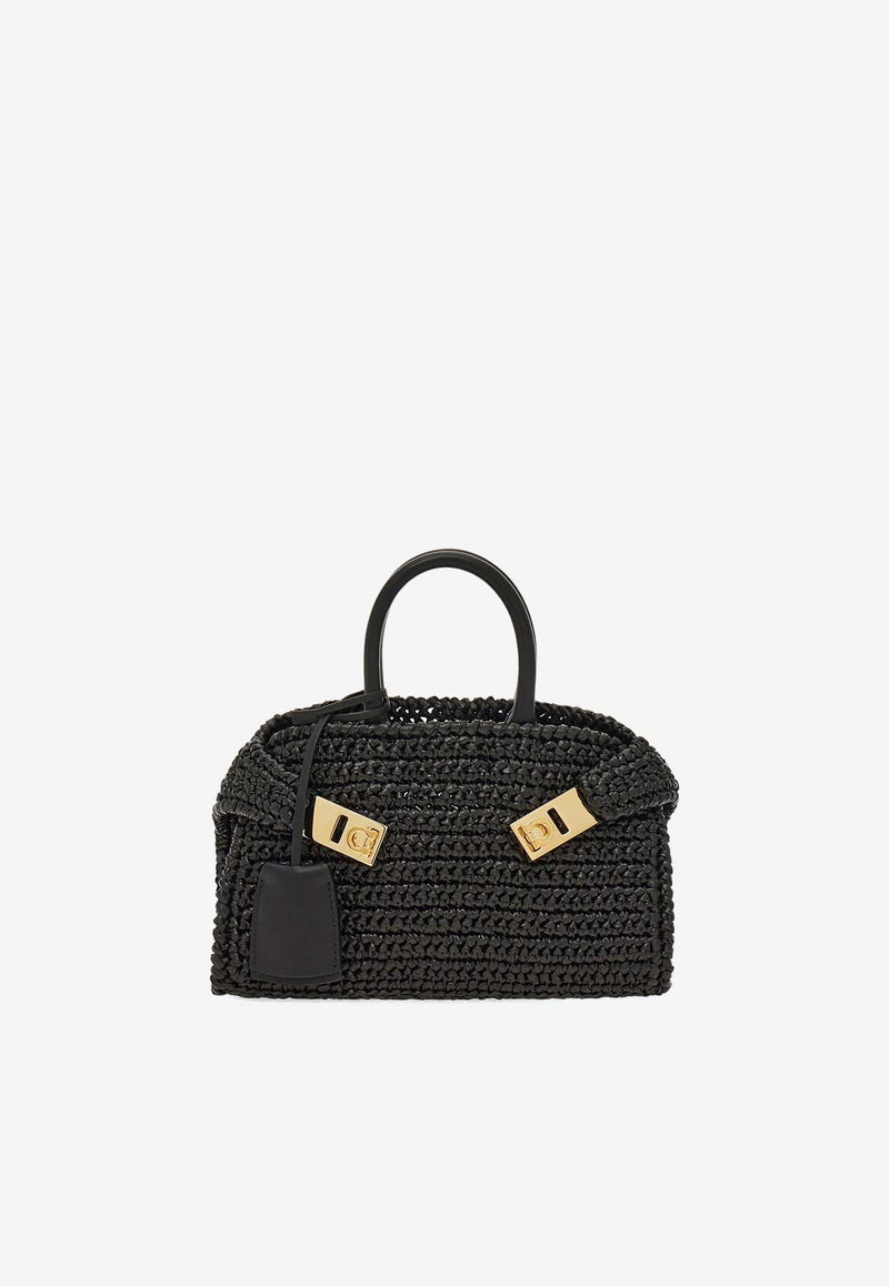 Salvatore Ferragamo Mini Hug Woven-Raffia Top Handle Bag Black 219397 HUG MINI 774168 NERO