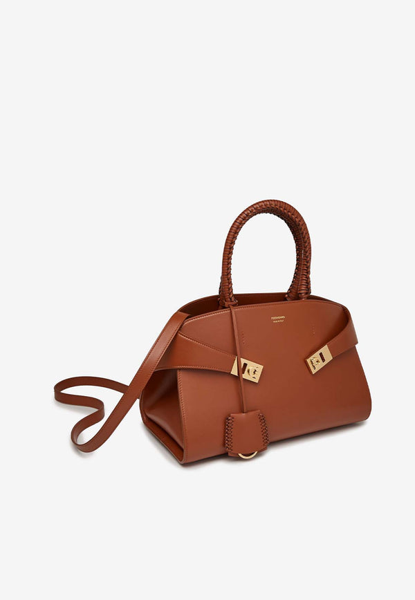 Salvatore Ferragamo Small Hug Calf Leather Top Handle Bag Cognac 219451 HUG TH S 774744 NEW COGNAC