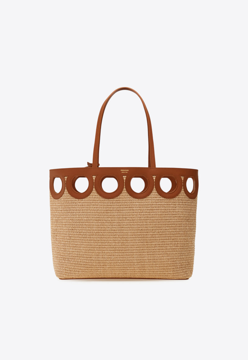 Ferragamo Medium Gancini Outline Woven-Raffia Tote Bag Beige 21A108 TT GANCIO M 783826 IVORY