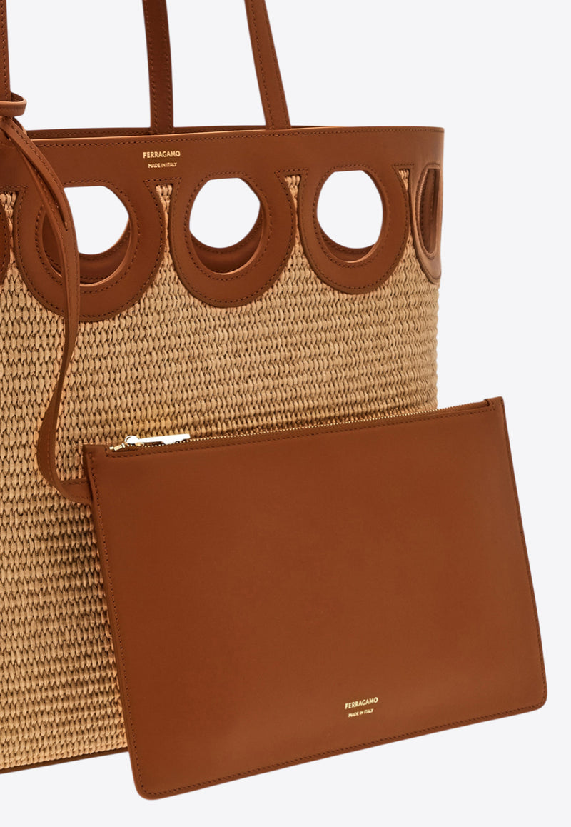 Ferragamo Medium Gancini Outline Woven-Raffia Tote Bag Beige 21A108 TT GANCIO M 783826 IVORY