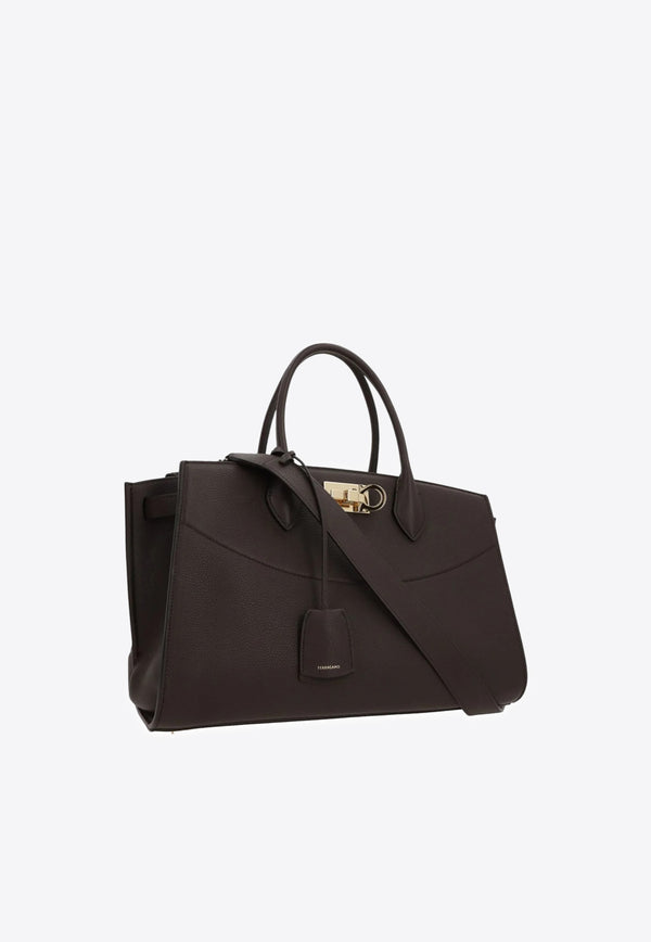 Ferragamo Large Studio Leather Top Handle Bag Brown 21A110 ST SOFT L NW 785996 TESTA DI M