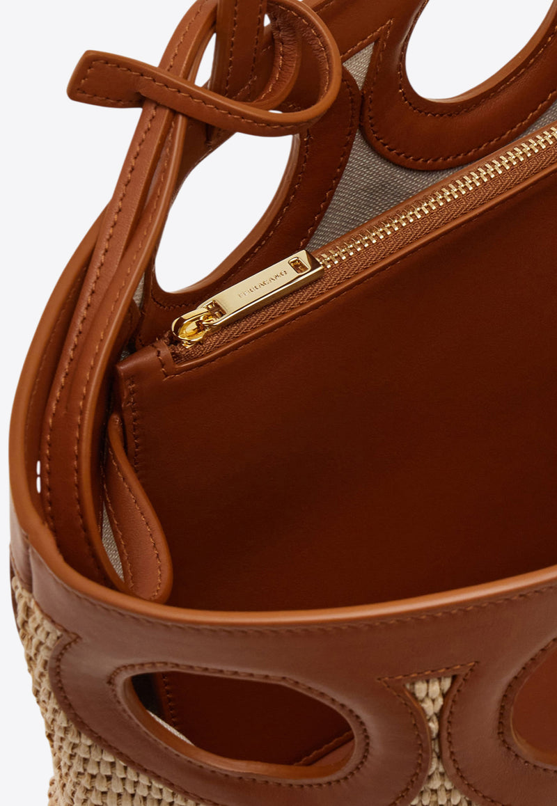 Ferragamo Medium Gancini Outline Woven-Raffia Tote Bag Beige 21A206 TT GANCIO S 783832 IVORY