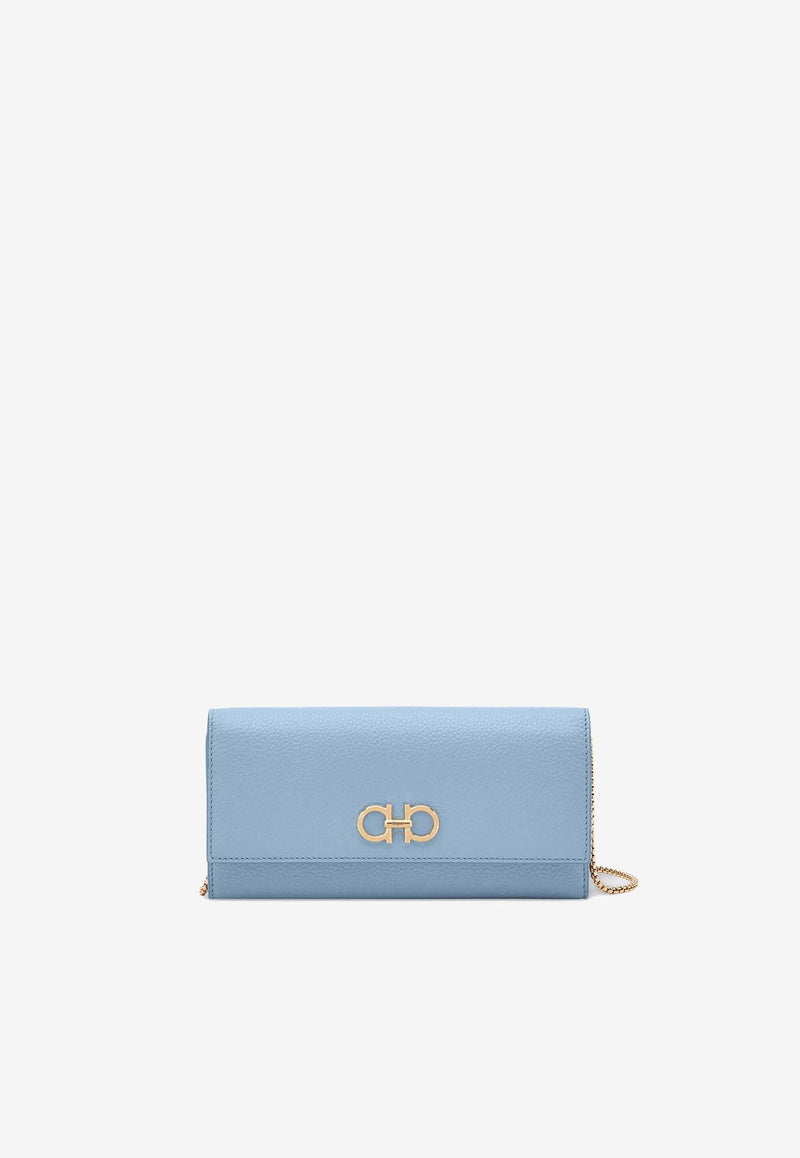 Salvatore Ferragamo Gancini Grained Leather Chain Clutch Sky Blue 220636 775061 SKY BLUE