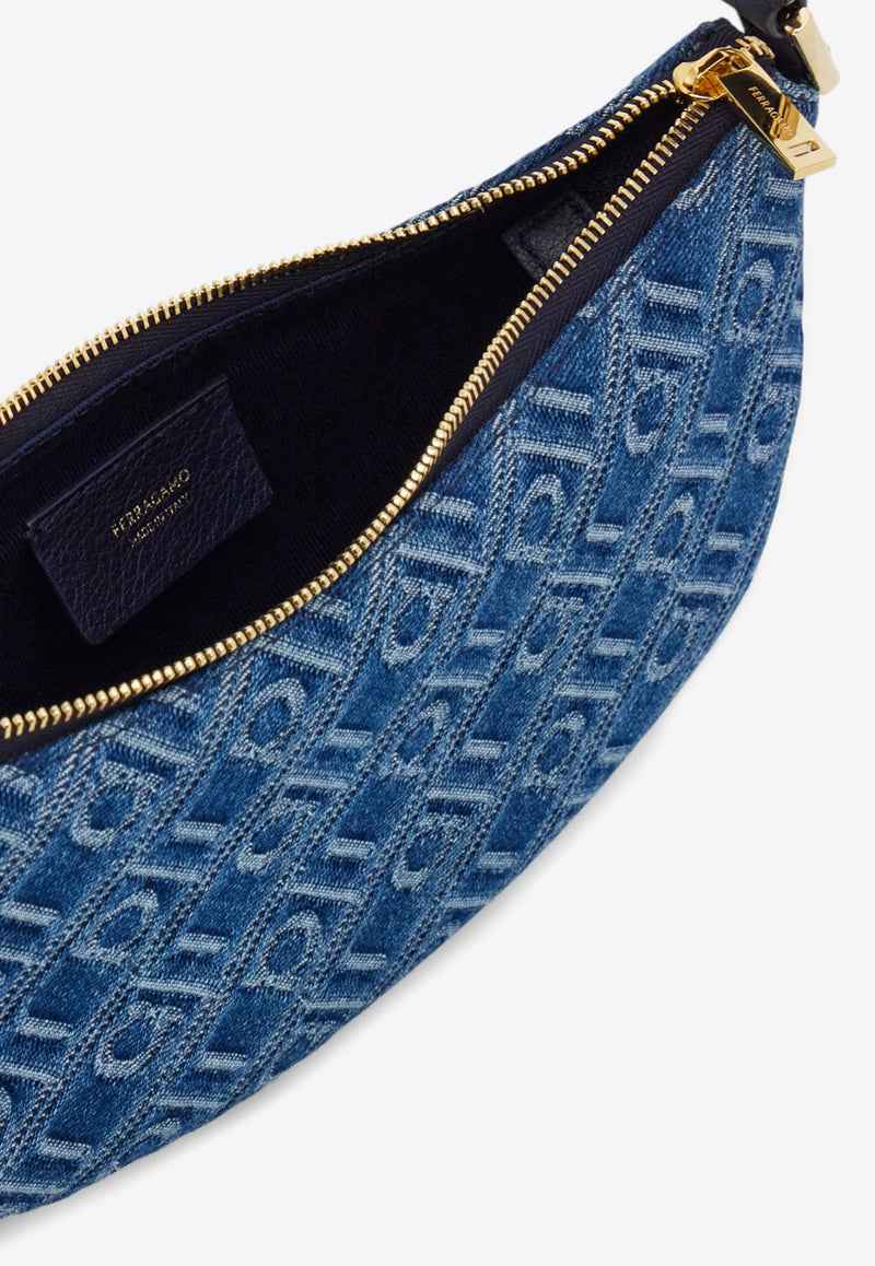 Ferragamo Mini Monogram Jacquard Denim Hobo Bag Blue 220872 CROSSBODY 783809 MIDNIGHT