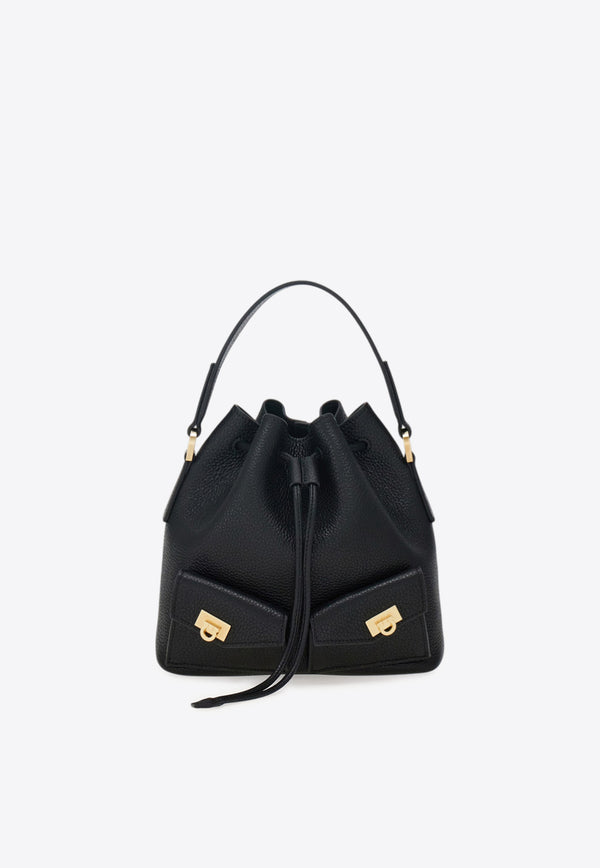 Ferragamo Multi-Pocket Leather Bucket Bag Black 220915 DRAWSTRING 785878 NERO