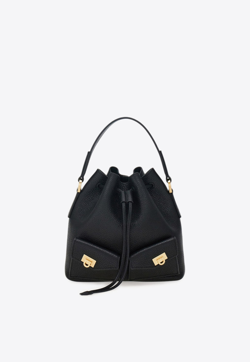 Ferragamo Multi-Pocket Leather Bucket Bag Black 220915 DRAWSTRING 785878 NERO