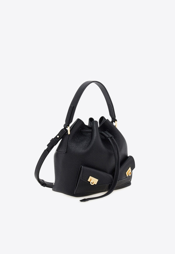 Ferragamo Multi-Pocket Leather Bucket Bag Black 220915 DRAWSTRING 785878 NERO