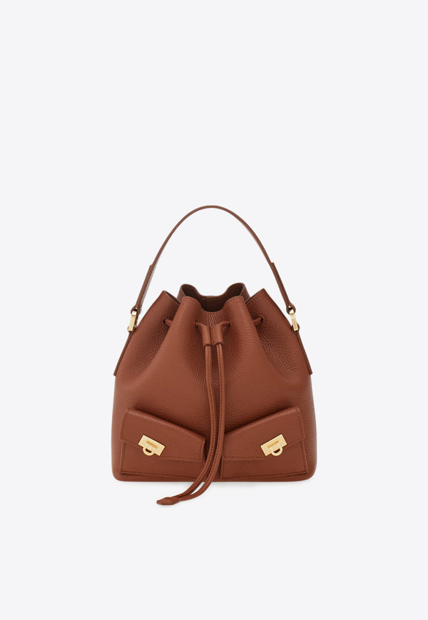 Ferragamo Multi-Pocket Leather Bucket Bag Cognac 220915 DRAWSTRING 785879 NEW COGNAC