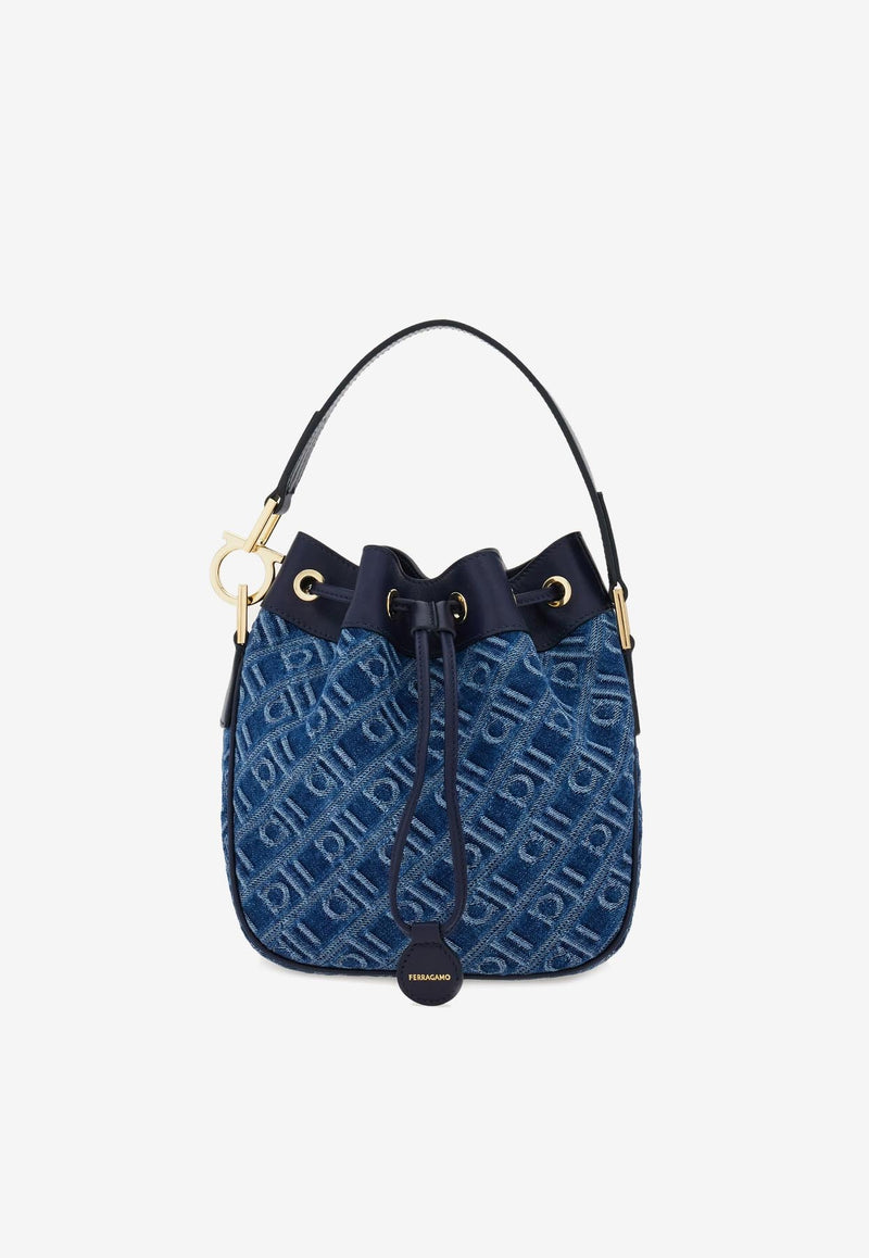 Ferragamo Monogram Jacquard Denim Bucket Bag Blue 220928 DRAWSTRING 783476 DENIM