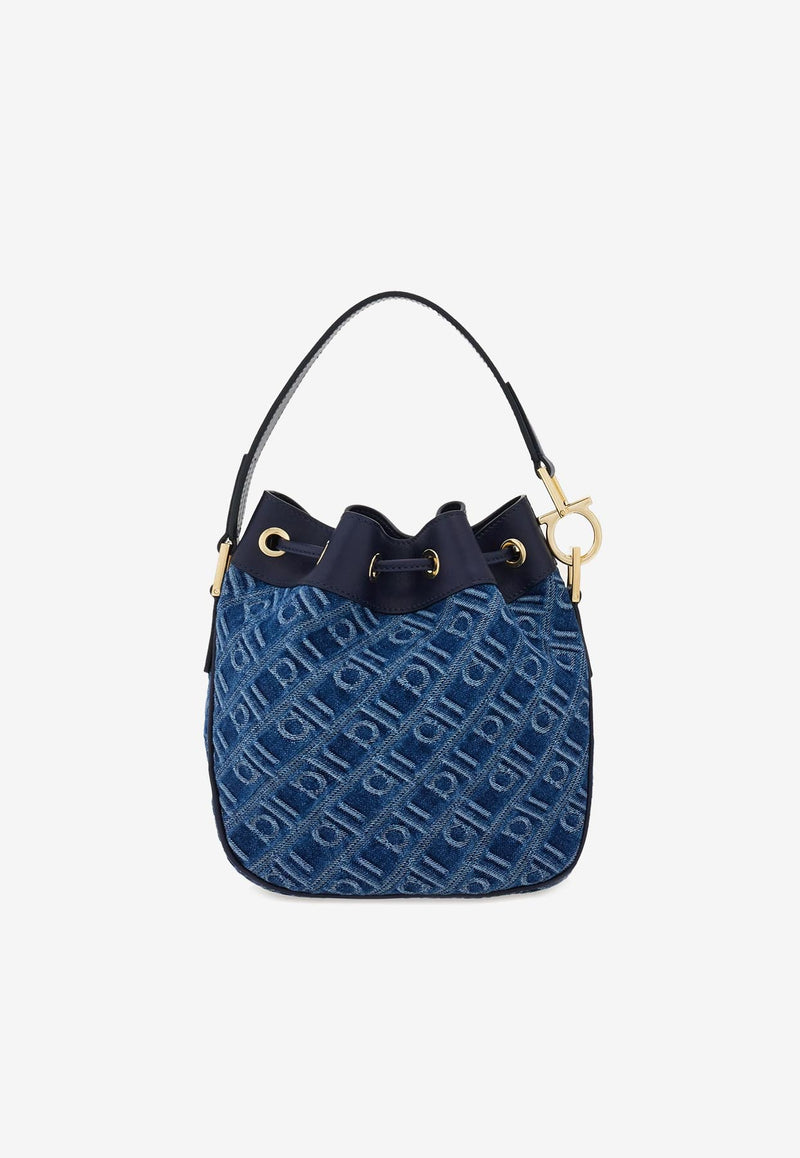 Ferragamo Monogram Jacquard Denim Bucket Bag Blue 220928 DRAWSTRING 783476 DENIM