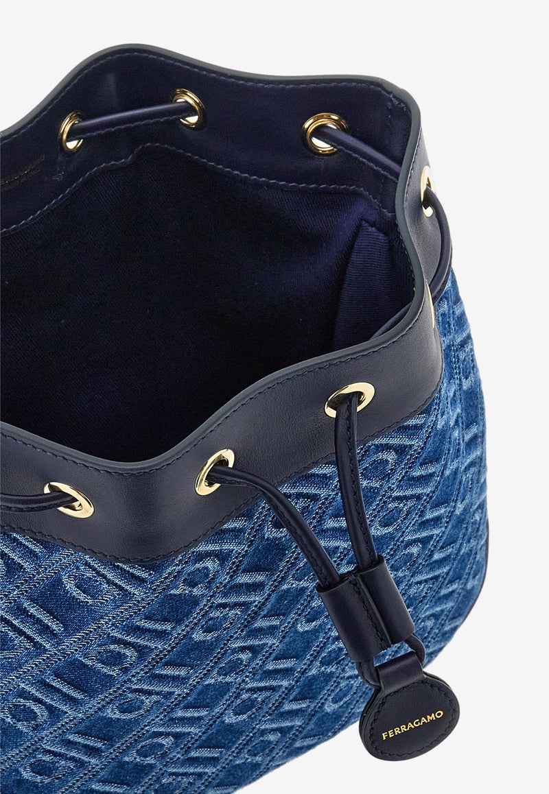 Ferragamo Monogram Jacquard Denim Bucket Bag Blue 220928 DRAWSTRING 783476 DENIM