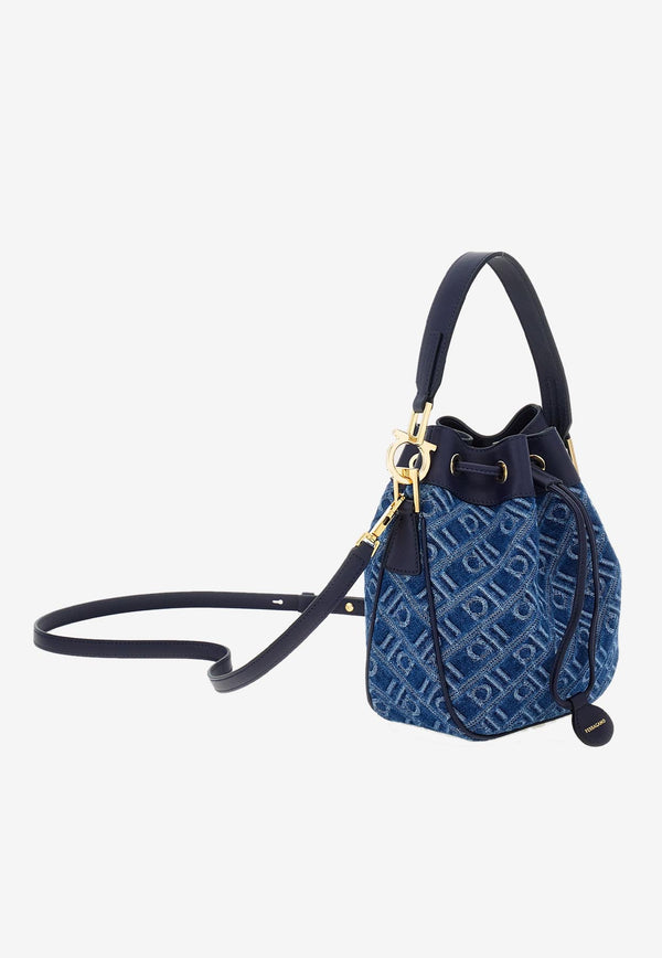 Ferragamo Monogram Jacquard Denim Bucket Bag Blue 220928 DRAWSTRING 783476 DENIM
