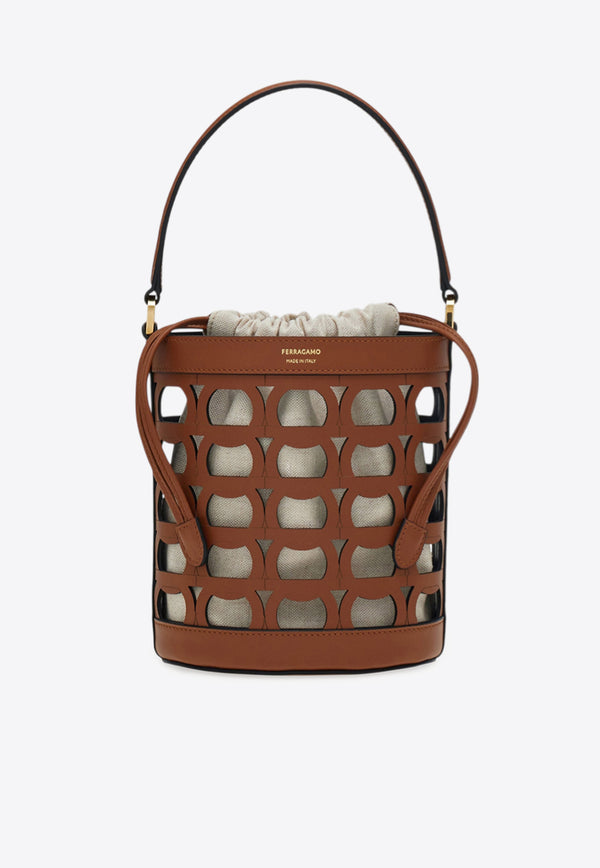 Ferragamo XS Gancini Cut-Outs Bucket Bag Cognac 220970 BUCKET 785918 NEW COGNAC