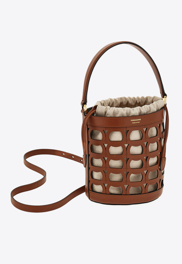 Ferragamo XS Gancini Cut-Outs Bucket Bag Cognac 220970 BUCKET 785918 NEW COGNAC