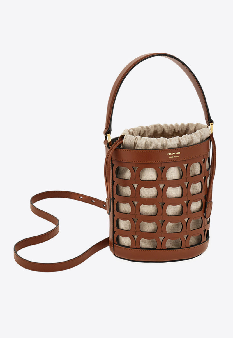 Ferragamo XS Gancini Cut-Outs Bucket Bag Cognac 220970 BUCKET 785918 NEW COGNAC