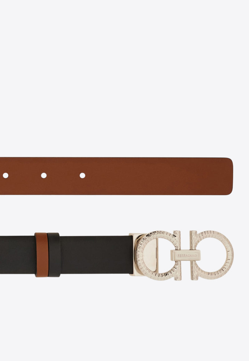 Ferragamo Hammered Gancini Reversible Leather Belt Black 230419 DONNA H25 786302 NERO