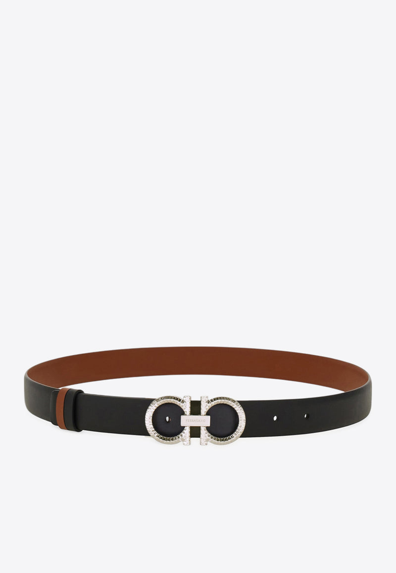 Ferragamo Hammered Gancini Reversible Leather Belt Black 230419 DONNA H25 786302 NERO