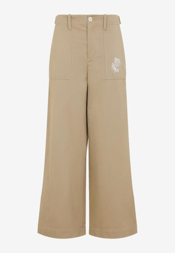 Rose-Embroidered Wide-Leg Pants