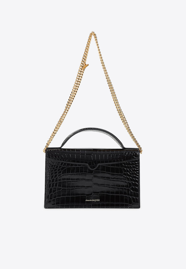 Skull Top Handle Bag in Croc-Embossed Leather