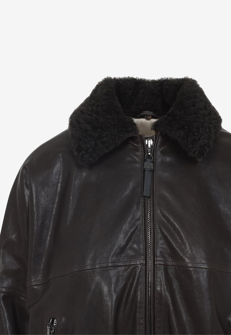 Shearling-Collar Leather Jacket