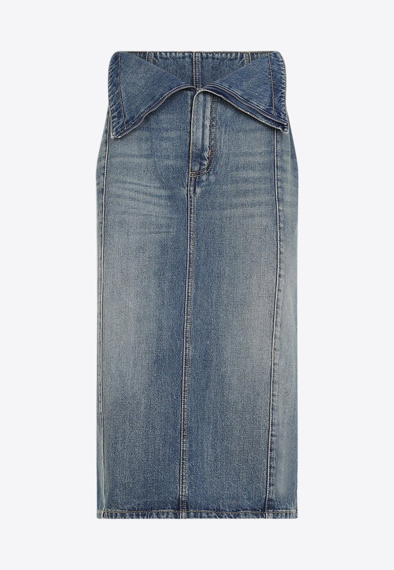 Fold Over Waist Midi Denim Skirt