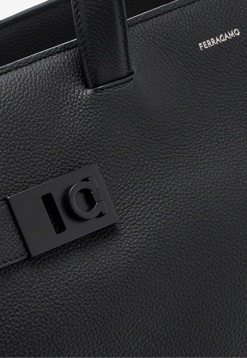 Ferragamo Gancini Buckle Hammered Leather Tote Bag Black 241232 TWINS 769757 NERO