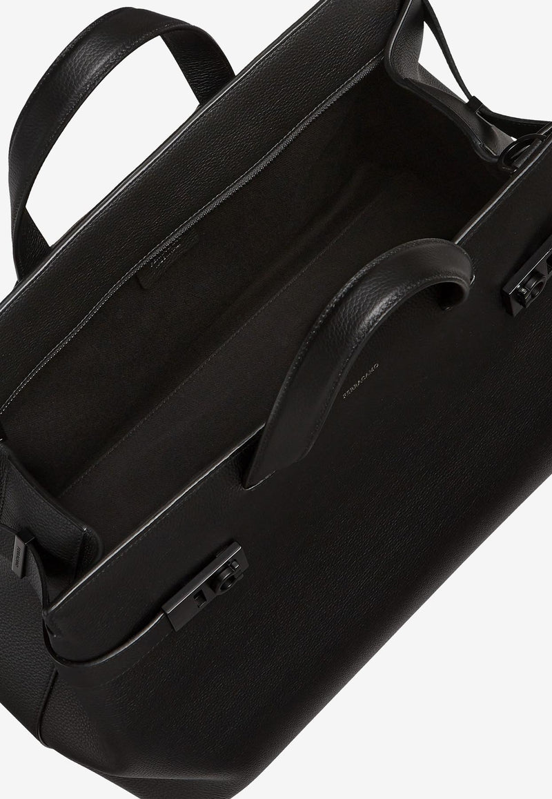 Ferragamo Gancini Buckle Hammered Leather Tote Bag Black 241232 TWINS 769757 NERO