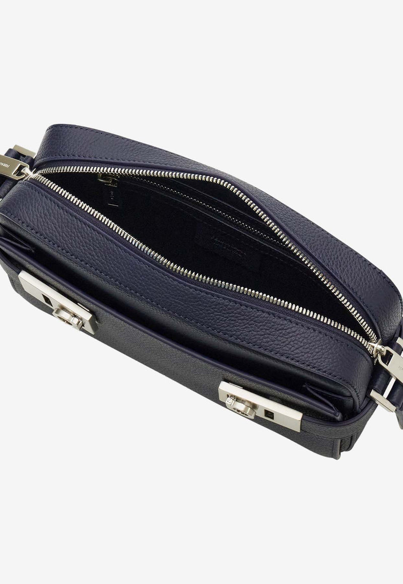 Salvatore Ferragamo Gancini Grained-Leather Messenger Bag Blue 241304 TWINS 776591 MIDNIGHT