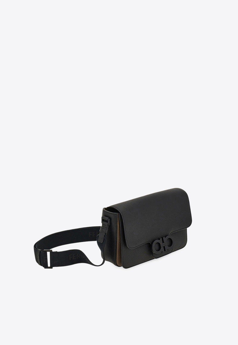 Ferragamo Double Gancini Leather Messenger Bag Black 241762 LEATHER LOCK 786444 NERO