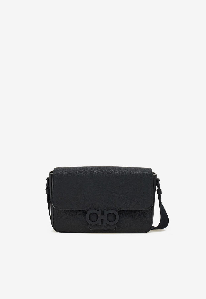 Ferragamo Double Gancini Leather Messenger Bag Black 241762 LEATHER LOCK 786444 NERO