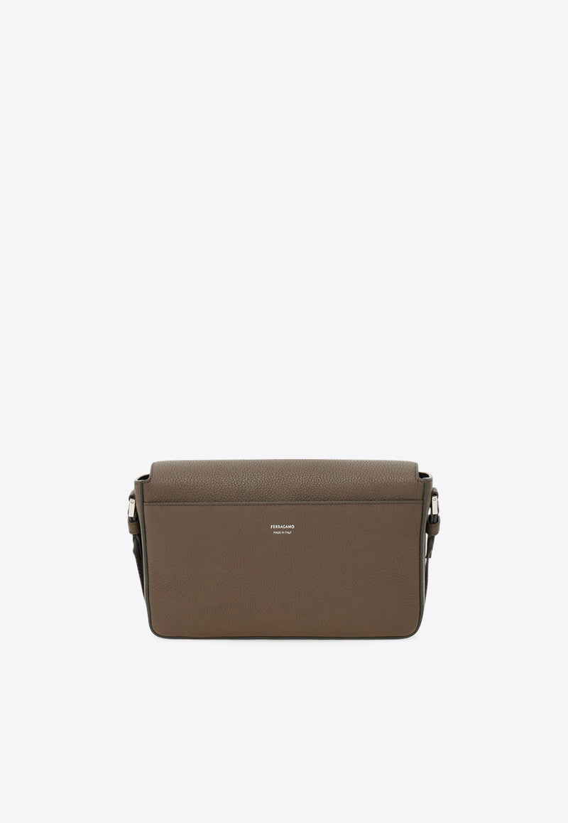 Ferragamo Double Gancini Leather Messenger Bag Brown 241762 LEATHER LOCK 786446 CONCRETE