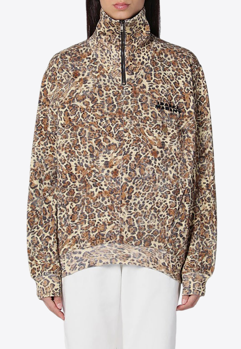 Isabel Marant Wilda Leopard Print Half-Zip Sweatshirt Brown 24HSW0143FAB4M01I/P_ISAMA-99LE