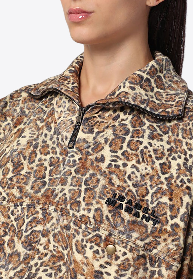 Isabel Marant Wilda Leopard Print Half-Zip Sweatshirt Brown 24HSW0143FAB4M01I/P_ISAMA-99LE