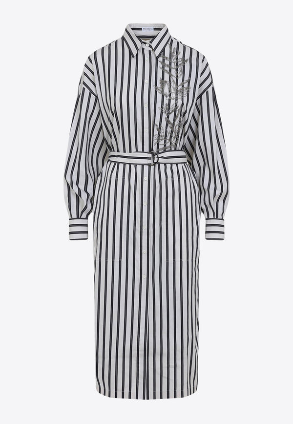 فستان مُقلم بطول منتصف الساق بقَصة قميص بتطريز زهور