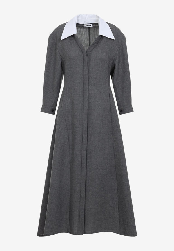 V-neck Wool Canvas Midi Dress