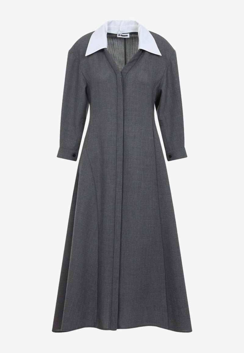 V-neck Wool Canvas Midi Dress