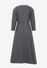 V-neck Wool Canvas Midi Dress