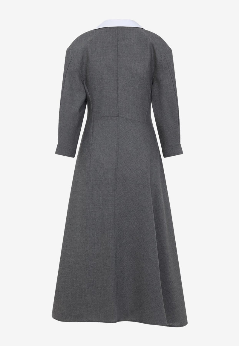 V-neck Wool Canvas Midi Dress