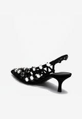 The Attico Grid 50 Crystal Embellished Slingback Pumps Black 250WSH00844LBT007S/Q_ATTIC-100