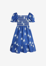 Mini Rodini Girls Printed Sailboats Shirred Dress Blue 2525011660CO/Q_MIRO-BL